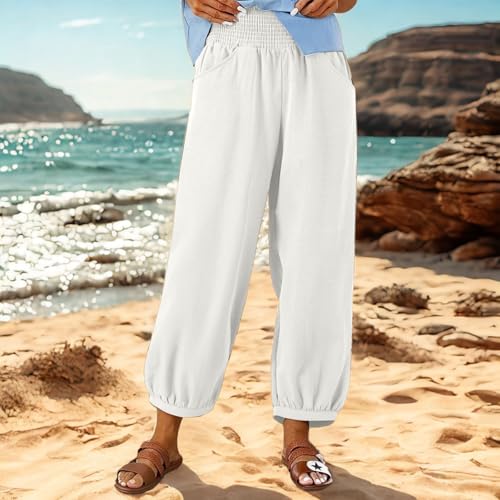 Womens Linen Pants Smocked High Waisted Wide Leg Palazzo Pants Loose Fit Casual Summer Beach Trousers with Pockets2