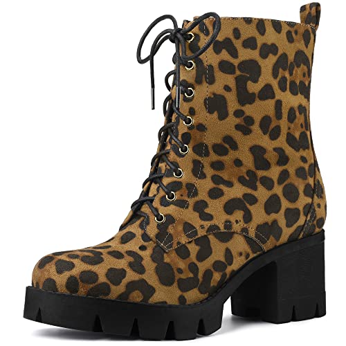 Allegra K Women s Lace-Up Platform Chunky Heels Leopard Combat Boots 9.5 M US
