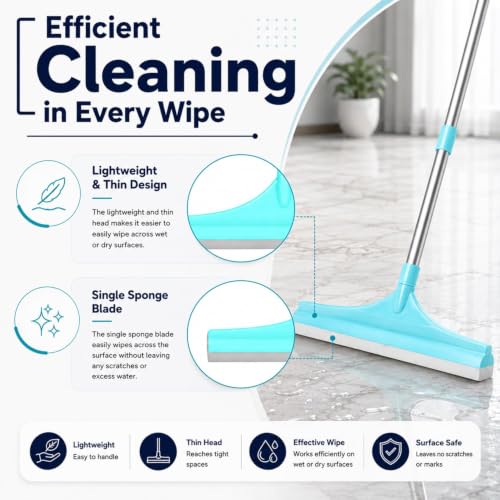 Image of Zureni Squeezee Wiper 16 inch with Silicone Blade, Laminated Rod, and Tapered Rubber for Water, Floor Cleaning, and Dirt Removal for Home, Glass & Tiles in Bathroom & Kitchen (Random Colours)
