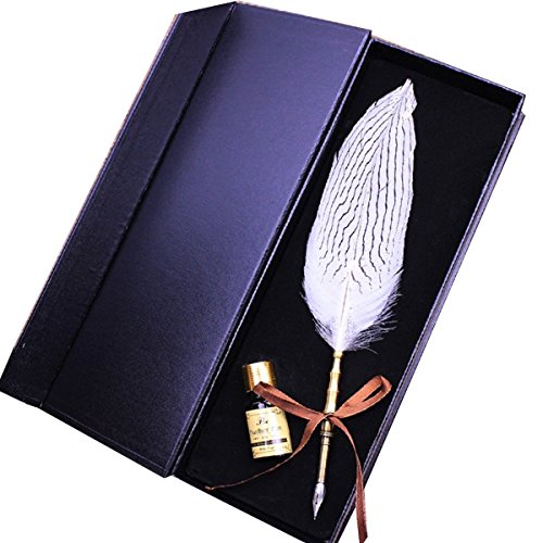 Jubapoz Dip Pen Set Calligraphy Feather Quill Pen Set Antique Feather Writting Quill Ink Dip Pen (NO INK, White Feather)