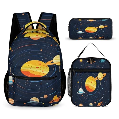 3Pcs Backpack Sets Solar System Planets Print Travel Daypack 3 in 1 Lightweight Backpack Set with Lunch Bag And Cosmetic Bag