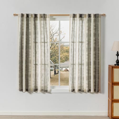 Image of MYSKY HOME Bedroom Curtains Linen Textured Sheer Panels, Curtains 63 Inch Length Light Filtering Lines Back Tab Semi Sheer Window Treatment Farmhouse Style Drapes for Bedroom, 50 inchx63 inch, Khaki, 2 PCs