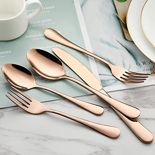 Image of Copper Silverware Set, Rose Gold Flatware Set for 4, Stainless Steel Tableware Cutlery Set, Utensil Sets for Kitchen, Forks and Spoons Silverware (Rose Gold, Set of 5)