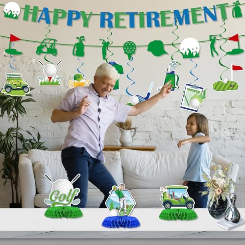 Image of Golf Retirement Party Decorations - 13PCS Golf Themed Party Decorations Happy Retirement Banner Hanging Swirls Honeycomb Centerpieces Sport Themed Retire Going Away Partee Decor Supplies