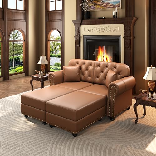 Image of KEIKI 63 inch Faux Leather Chesterfield Sofa with Rolled Arms & Nailhead Trim & 2 Ottoman, 2-Seater Button Tufted Couch with High Resilience Cushion & 2 Pillow, Easy Assembly, for Living Room, Brown