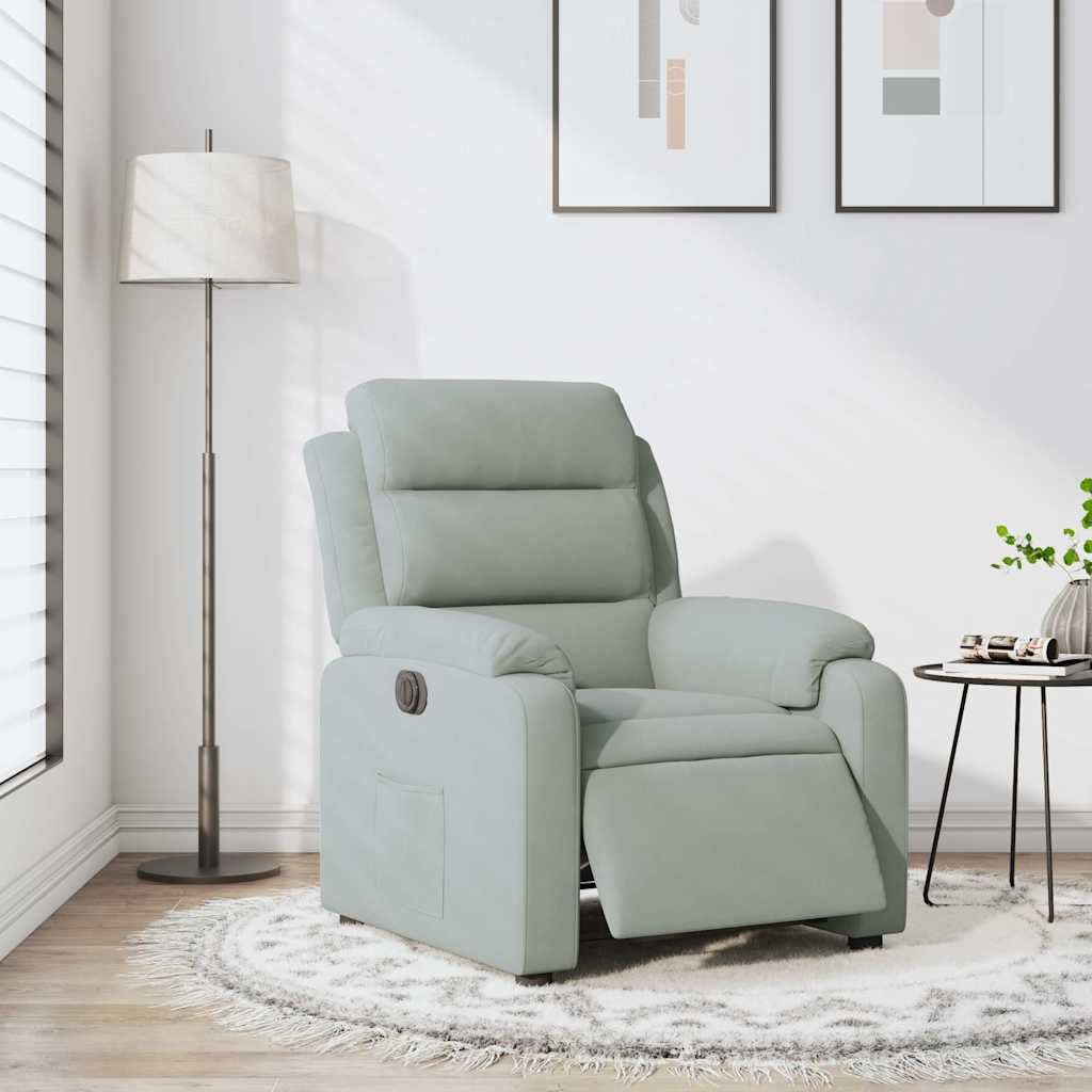 Fotel relaksacyjny, elektryczny, jasnoszary, aksamit z regulowanym oparciem i podnóżkiem, ergonomiczne krzesło tapicerowane z drewnianą i metalową ramą, idealny do salonu, kącik do czytania