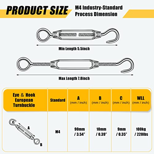 Chumia 16 Pcs M6/5/4 Turnbuckle Hook and Eye 304 Stainless Steel Heavy Duty Turnbuckle for Cables Wire Rope Tension Sun Shade Railing Sail Hardware Hanging DIY String Light Tent(M6,Silver)