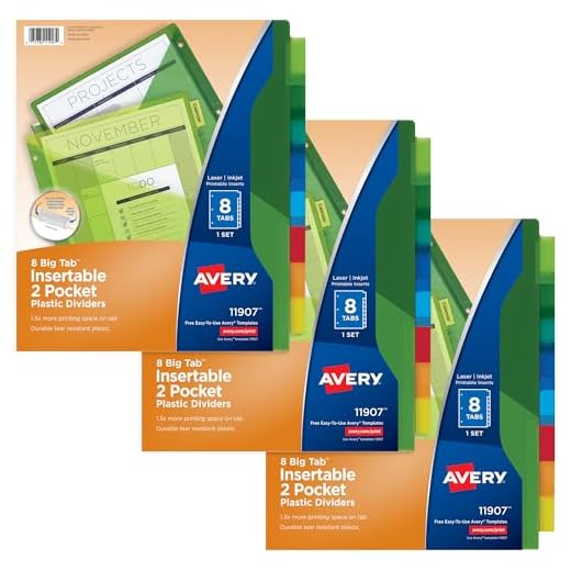 Avery 8-Tab Plastic Pocket Dividers for Home Office or Homeschool Supplies, Insertable Multicolor, 3 Sets (11907)
