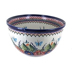 Blue Rose Polish Pottery Floral Butterfly Large Mixing Bowl
