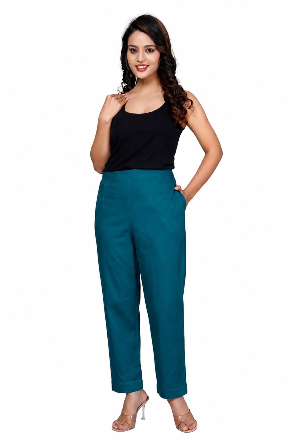 Women's Cotton Regular Fit Trouser | Stretchable Ankle Length Casual & Office Wear Pants with Pockets | Peacock Blue-picture-13