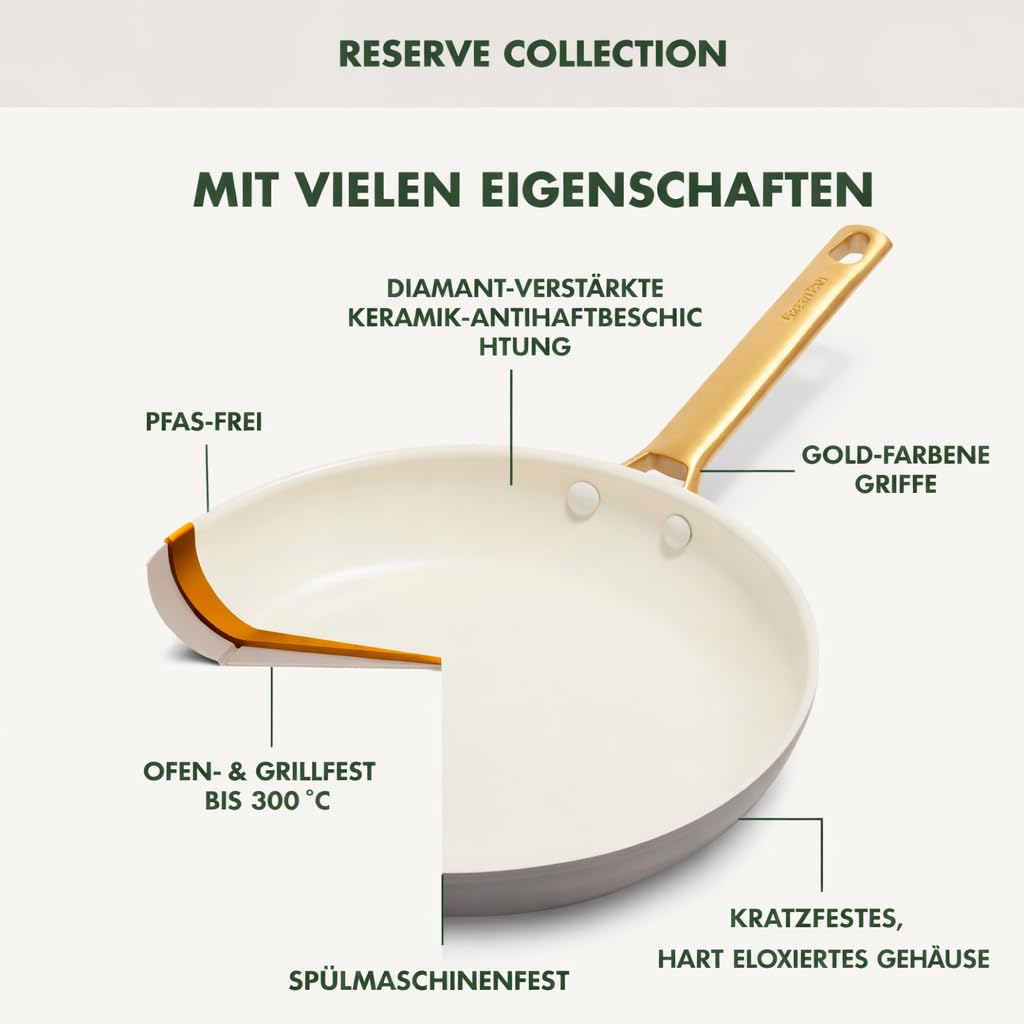GreenPan Reserve Harteloxierte Gesunde Keramische Antihaft-Kochgeschirre,10-teilig,Mit Bratpfannen,Sautierpfanne und Bratentopf,Goldgriff,PFAS-frei,Induktion,Backofenfest,Spülmaschinenfest,Cremeweiß