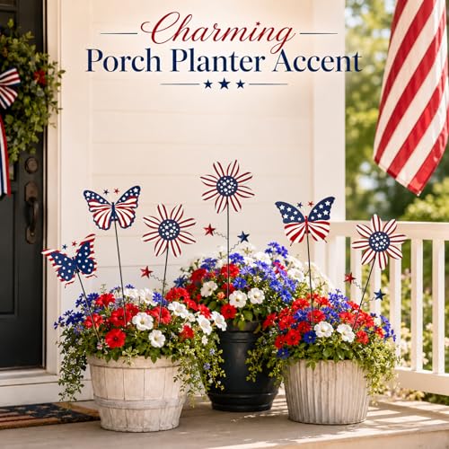 Image of 6Pack 4th of July Decorations Outdoor, 18.6Inch Patriotic Metal Flowers Butterfly Decorative Garden Stakes for Independence Day, Americana Patriotic Yard Signs Decor for Garden Lawn Porch