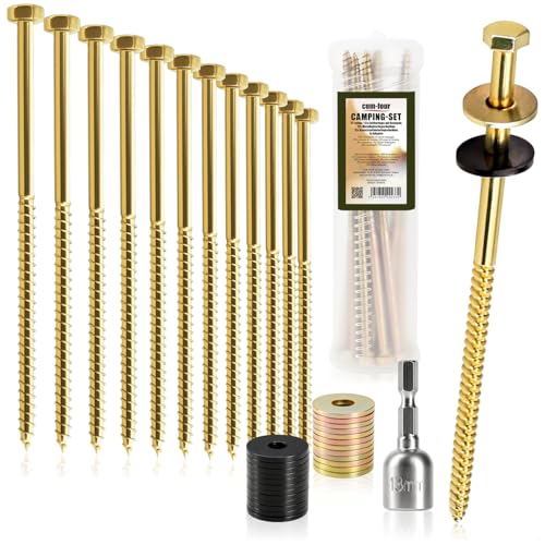 com-four® Set de 37 Tornillos para Tienda – 12 piquetas con Llave de Vaso magnética, 12 Arandelas metálicas y 12 de plástico – fijación Exterior para Tienda y toldo