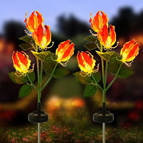 CKLHCFF Lot de 2 lampes solaires d'extérieur en forme de flamme, fleurs de lys étanches pour jardin, cour, allée