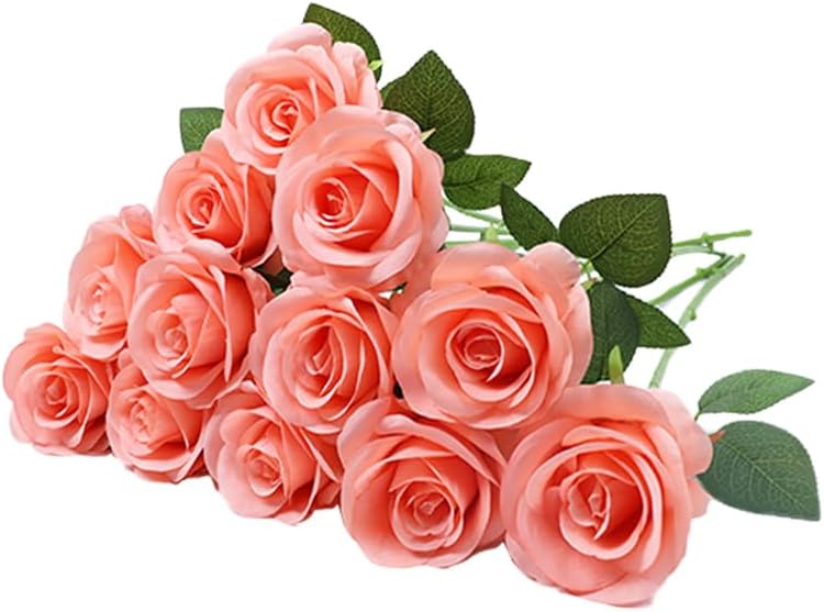 LVEFIT Artificial Rose Flower Artificial Flowers Flower with Long Stem Silk Roses Bouquet for Wedding Bridal Shower Party Home Decoration (Coral Peach, 12 Pcs)