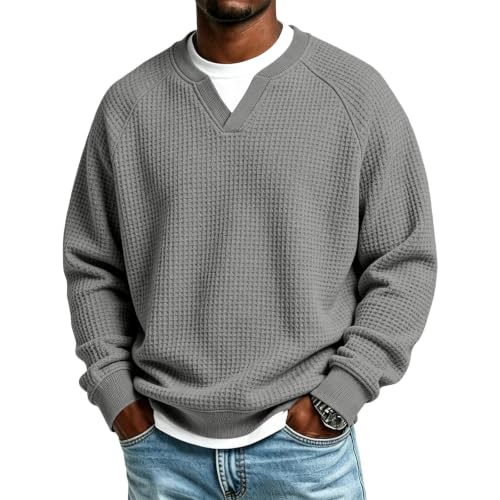 Mens Waffle Shirt Long Sleeve Plus Size Textured V Neck Thermal Work Shirts - image 1
