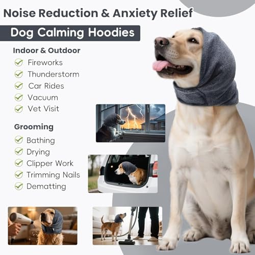 Image of Dog Calm Hoodie, No Shake Ear Wraps for Dogs, Quiet Dog Ear Cover Noise Protection, Pet Ear Muffs Dog Ear Protector Head Wrap Cover for Anxiety Relief, Hematoma, Grooming, Firework, Thunderstorms,S