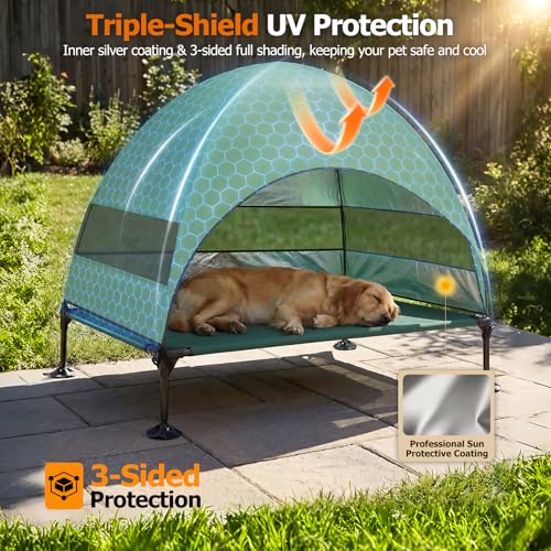 Image of Elevated Dog Bed with UV-Proof Canopy, Outdoor Dog Tent with Powerful Adjustable Feet, Portable Pet Cot with Wider Shade, Raised Cooling Bed for Camping, Patio, Beach, Poolside