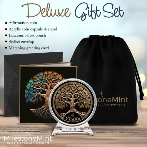 Image of MilestoneMint 4 Year Sobriety Coin Tree of Life Gift Set | Anniversary Sobriety Gifts for Men & Women | AA Coins and Medallions with Token Capsule, Stand & Card | 3D Texture, Recovery AA Chips