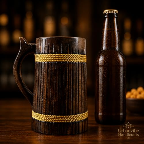 Image of Handmade Wooden Beer Mug, Wood with Sheesham Finish, Barrel Style, Lightweight & Durable, for Craft Beer, Home Bar, Cafe, Party, Gift(350ml) (Thin Verticle line)