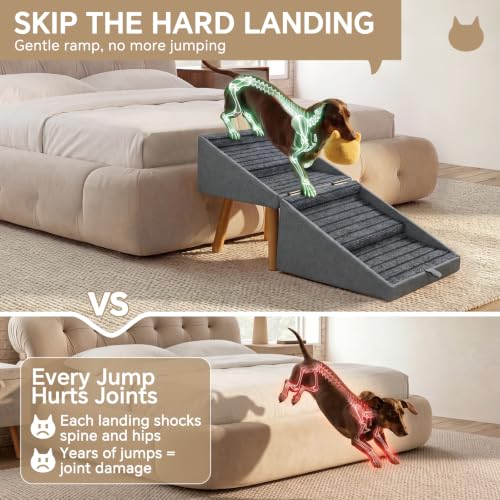 Image of Luciphia 2-in-1 Wooden Pet Stairs & Ottoman 17 inch H Foldable Dog Ramp with Solid Wood Frame & Tech Cloth Surface Pet Footstool Steps with Non-Slip Surface for Puppy Senior Injured Dogs Couch Bed