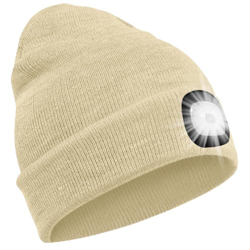 SPGOOD LED Beanie Beleuchtete Mütze mit Licht,Wiederaufladbare Winter Warm LED Haube mit Lampe für Angeln,Jogger,Camping,Laufen,Geschenke für Männer Frauen(Beige)