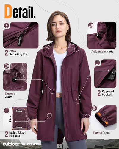 Outdoor Ventures Damen Wasserdicht Regenjacke Lang Windbreaker Übergangsjacke Leichte Atmungsaktiv Outdoorjacke Raincoat Regenparka mit Kapuze Burgunderrot XL