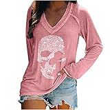 Womens Sugar Skull Diamond Long Sleeve T-Shirt Loose V-Neck Tunic Tops Casual Skeleton Rhinestone...