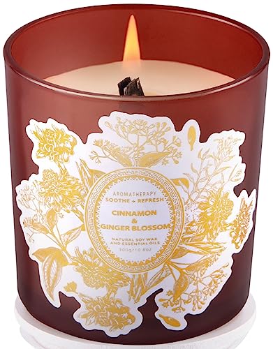 Cinnamon Ginger Blossom Candle - Highly Scented Candles for Home - Refreshing Cinnamon Ginger Flower Candles - Natural Soy Candles Wood Wick Clean Burn, Relaxing Scented Candles for Women & Men