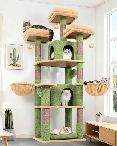 Globlazer Kratzbaum Grün Kaktus Stabil 174 cm mit 3 Gepolsterte Sitzstangen 2 Katzenhaus 2 Korb Abnehmbares Haustierbett Sisalstämmen Schloss Katzenbaum für 2-4 Erwachsene Katze (F68B Grün)