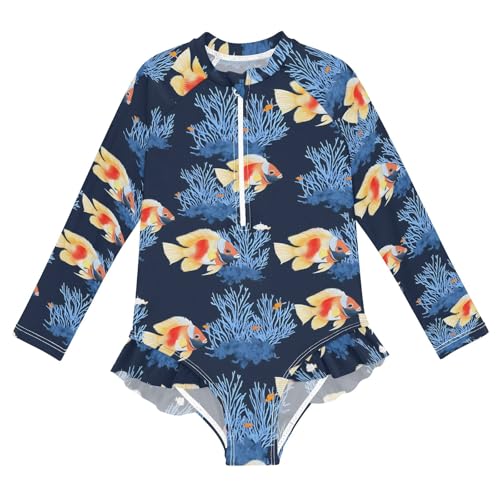 ALAZA Swimsuit for Girls Long Sleeve Rashguard Bathing Suit Fish Coral Quick Dry 4T
