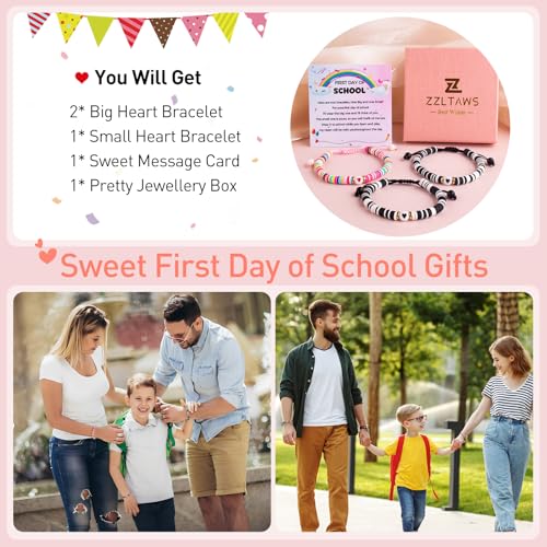 Image of First Day of School Mommy and Me Matching Bracelet Set kindergarden Pre-K Back to School Gifts Adjustable Heart Clay Bead Jewelry for Mother Daughter Dad Son