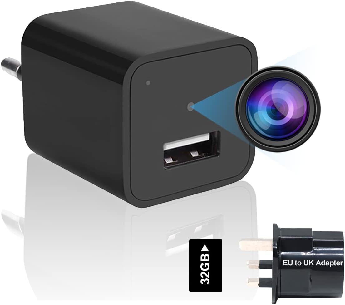 Mini Spy Camera USB Charger, 1080P Hidden Security Camera Small Video Recorder Nanny Cam Surveillance Camera with 32GB Card and EU to UK Adaptor