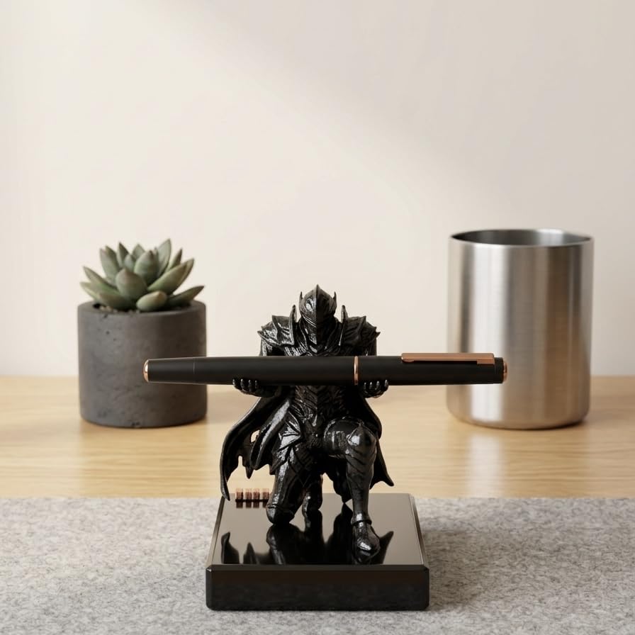 Image of Pen Holder Sculpture Eco PLA Water Resistant Scratch Resistant Desk Organizer 5x4x3 Inches Satin Silk Metallic Finish Armour Decorative Tool Stand (Glazed Steel)