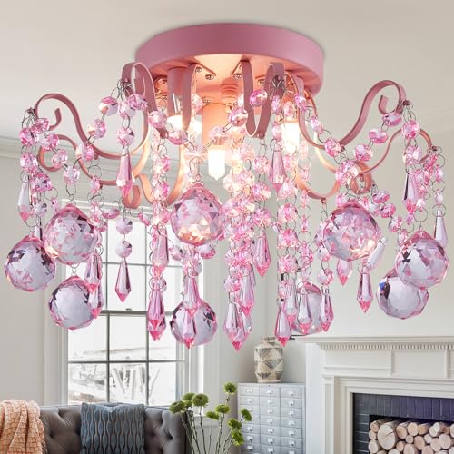 WLYQXDI Rain Drop Crystal Small Crystal Chandelier Ceiling Light 3-Light Fixture Modern Chrome Iron Material Suitable for Bedrooms Hallways Walk-in Closets Entryways Stairwells (Pink)