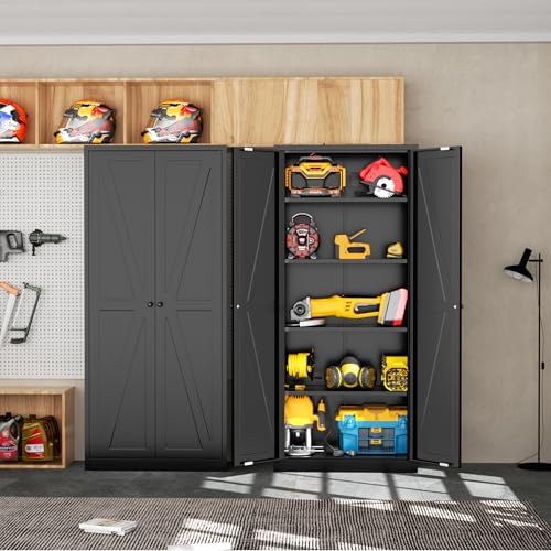 Image of INTERGREAT Metal Storage Cabinet with 2 Doors and 4 Shelves,Tall Kitchen Pantry Cabinets,Farmhouse Utility Pantry Organizers for Dining /Bathroom /Home Office /Garage Room,Black