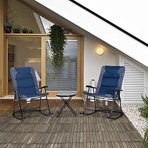 Outsunny 3 Piece Outdoor Patio Furniture Set with Glass Coffee Table & 2 Folding Padded Rocking Chairs, Bistro Style for Porch, Camping, Balcony, Navy Blue Outsunny 3 Piece Outdoor Patio Furniture Set with Glass Coffee Table 2 Folding Padded Rocking Chairs Bistro Style for Porch Camping Balcony Navy Blue