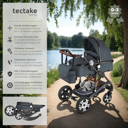 tectake® 2 in 1 Kinderwagen, klappbarer Kinderwagen Buggy mit Liegefunktion, mit Fußsack Buggy, Buggy mit Getränkehalter, herausnehmbarer Babywanne und Regenschutz - anthrazit