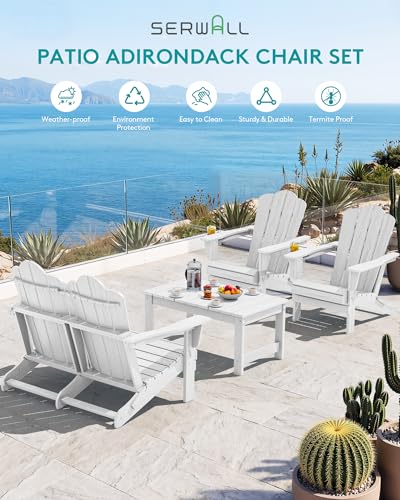 Image of SERWALL 4-Pc HDPE Adirondack Set, 2 Chairs, 1 Bench & 1 Coffee Table, White