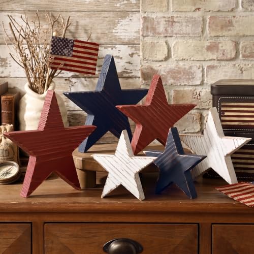 4th of July Decorations: 6pcs Patriotic Decor Wooden Star Vintage Rustic Red White and Blue Decorations Wood Block Farmhouse Memorial Day Table Decorations for 250th Anniversary Independence Day
