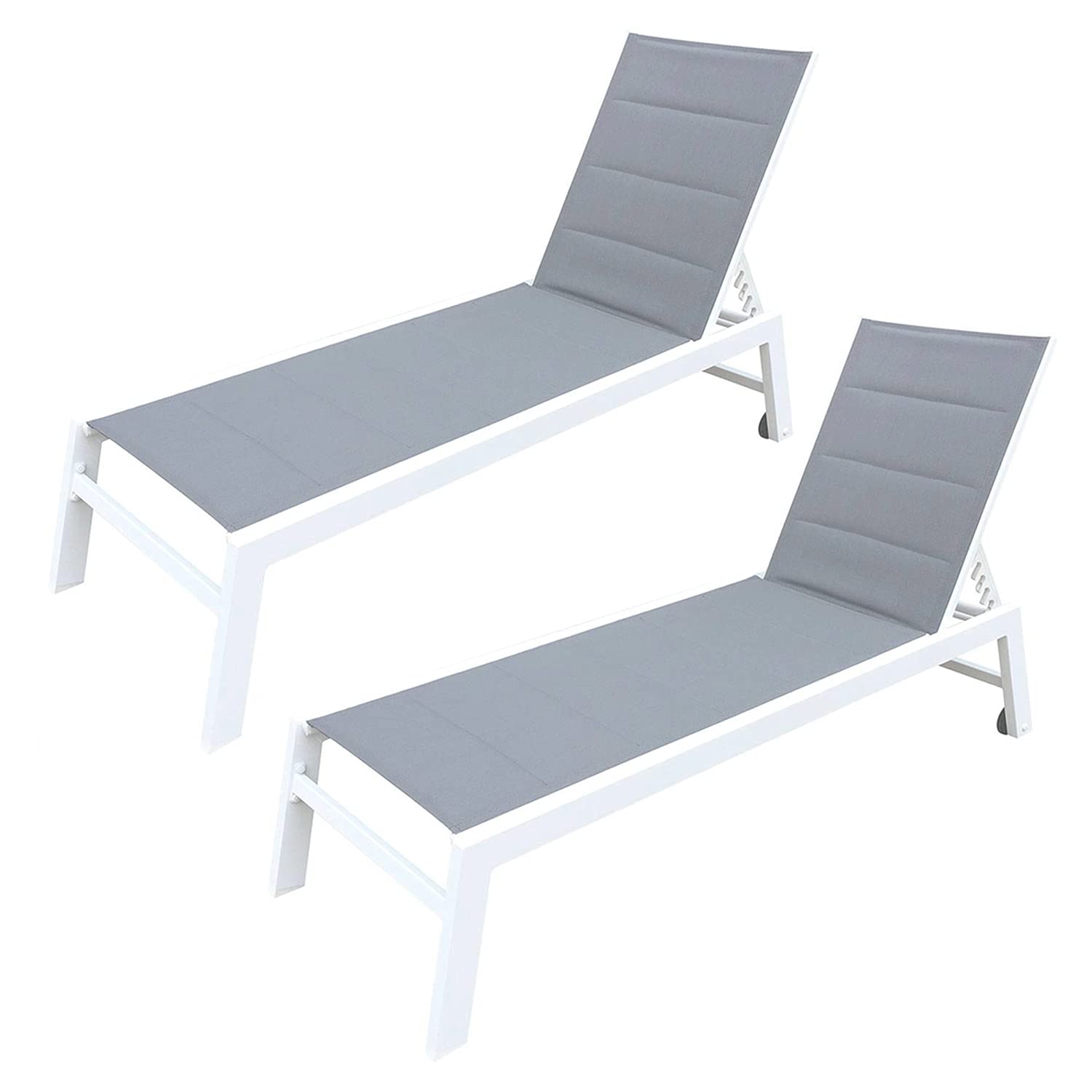 BENEFFITO BAISAO - Tumbona Recta de Textilene y Aluminio - Cómoda y reclinable - Ligera y fácil de Mover - Ruedas traseras - Gris/Blanco - X2