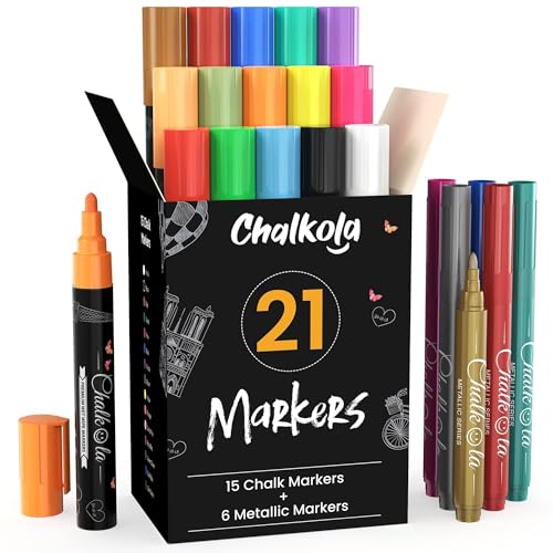Chalkola 21 Liquide Marqueurs Craie | 15 Neon Stylo Craie Et 6 Métalliques Chalk Marker | Pointe Réversible 6mm | Feutre Craie Pour Tableau Noir Effacable, Fenêtre de voiture, Papier & Céramique