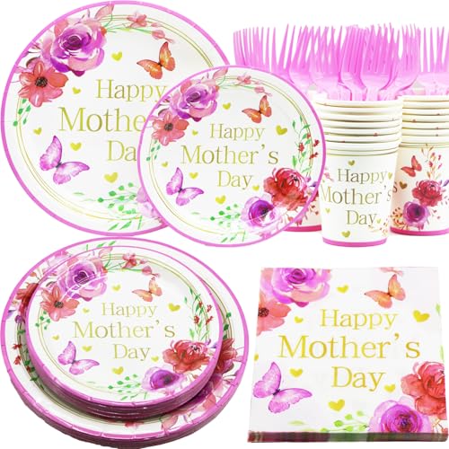 Decodinli Mothers Day Party Supplies Mothers Day Paper Plates and Napkins Happy Mothers Day Party Decorations Mothers Day Paper Plates Cups Napkins Party Tableware Set Serves 20