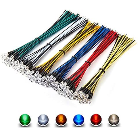 Chanzon 120pcs 12V 5mm LED Diode Lights 7.9 inch Pre Wired (6 Colors x 20pcs) Assorted Kit (Transparent Clear Round Lens) White Red Green Blue Yellow Warm-White Emitting LED Assortment Cover