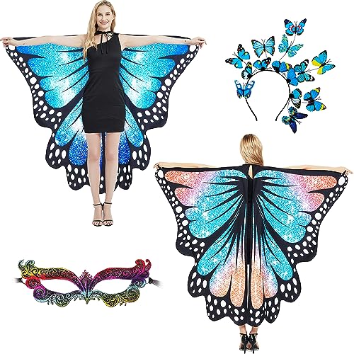 plainshe Butterfly Wings Double-Sided, Fairy Wings for Adults Halloween Costumes for Women 3PCS Butterfly Cape Set