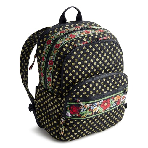 Image of Vera Bradley Women's Premium Cotton Large Bancroft Backpack - 15 inch Laptop & Trolley Sleeves - Vibrant Black, 28L