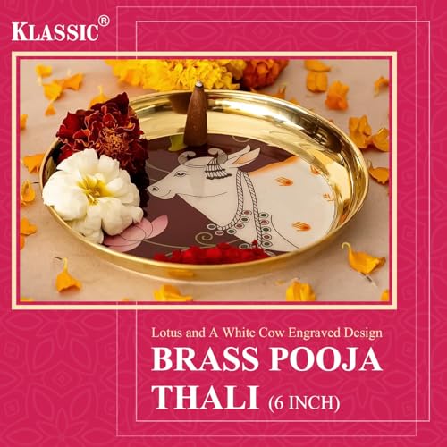 Image of Klassic 6 Inch Brass Pooja Thali, Traditional Auspicious Handcrafted Designed Bhog Plate for Puja Ghar Home Office Mandir Diwali Wedding Return Gift Items (Pack of 4, Golden)