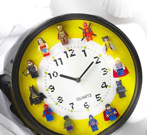 BSKM Reloj De Pared De Superhéroe, Incluir 12 Minifiguras De Bricolaje Hecho a Mano Reloj De Pared Colgante Superhéroe para Decoración O Regalos 12 Pulgadas/Negro