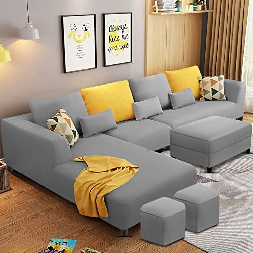 Image of Galib LHS 8 Seater L Shape Sofa Set with Ottoman & 2 Puffy for Living Room (Grey) Premium Fabric