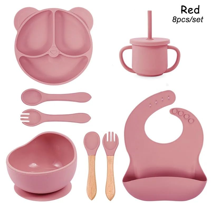 Personalized Baby Name Panda Ear Bear Feeding Set 8Pcs, Custom Name Baby Silicone Weaning Set, Feeding Set With Name BPA Free